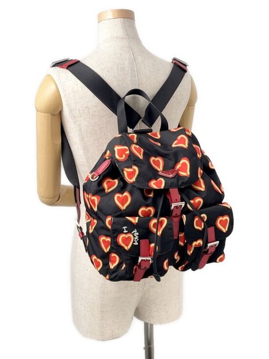 Prada Backpack Heart Pattern Nylon Black Red main image 5